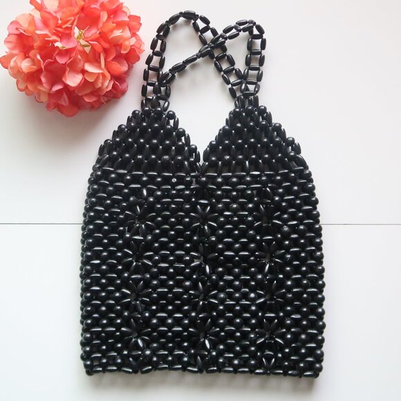 Handmade Black Wooden Beaded Tote Shoulder Bag Vintage Boho - Picture 3 of 10